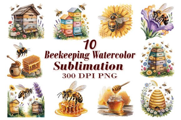 10 Sweet Designs in This Beekeeping Watercolor PNG Bundle