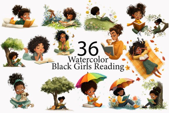 Black Girls Reading Watercolor Clipart: Creative Uses for Designers