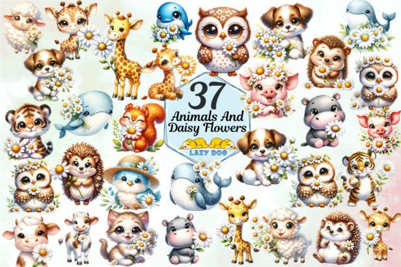Cute Animals & Daisy Flowers: A Cheerful Design Collection