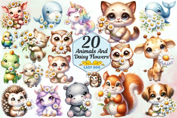 Cute Animals & Daisy Flowers Design Set: Charming Art for Every Project