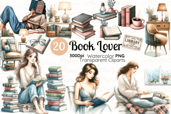 Enchanting Watercolor Book Lover Clipart for Creative Projects