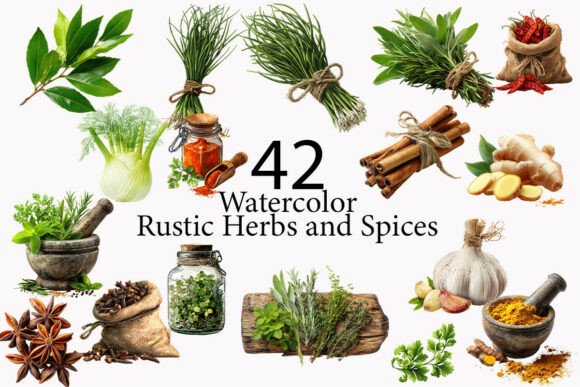 Rustic Herbs and Spices Clipart: A Designer's Kitchen Staple