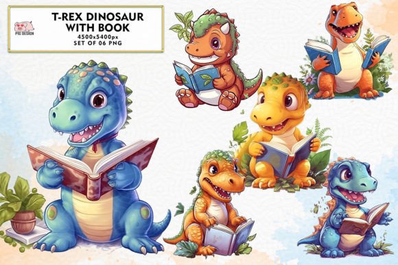Unleash Creativity: The T-Rex Dinosaur with Book Sublimation Design