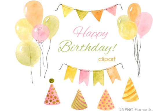 Watercolor Birthday Clipart: Hand-Drawn Party Elements for DIY