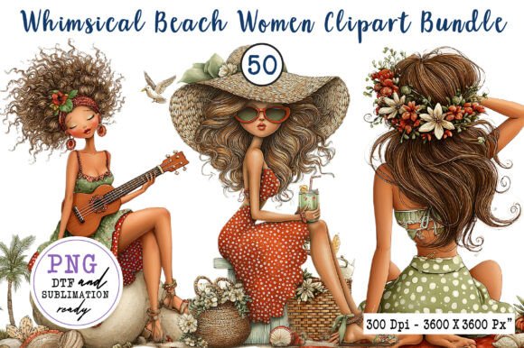 Whimsical Beach Women Clipart Bundle: 50 Designs for Creative Projects